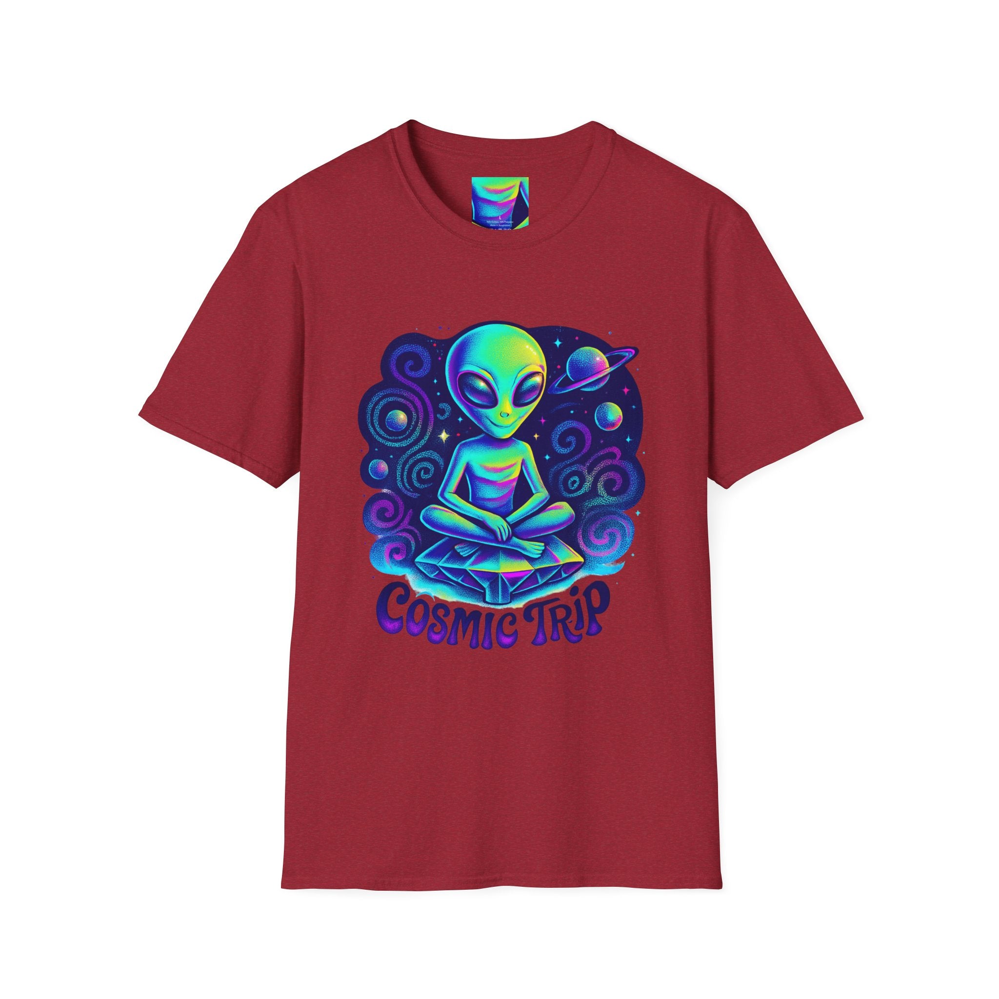 Cosmic Trip Unisex Softstyle T-Shirt - Alien Graphic Tee for Space Lovers, Gift for Birthdays, Festivals, and Casual Wear