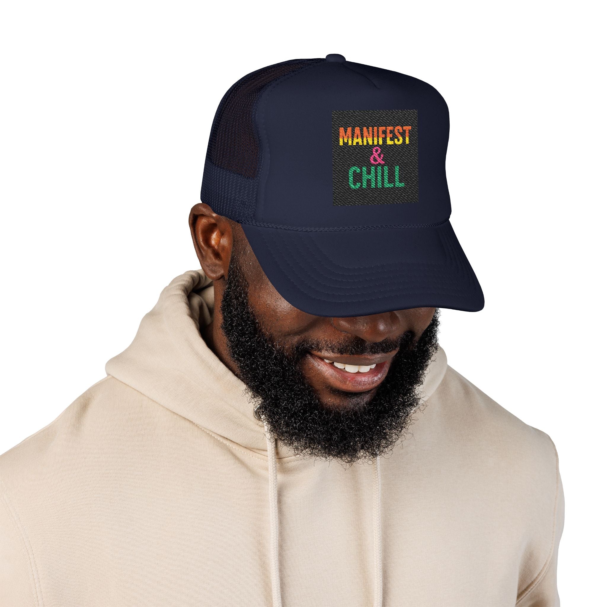 Embroidered Trucker Hat - Manifest and Chill Design