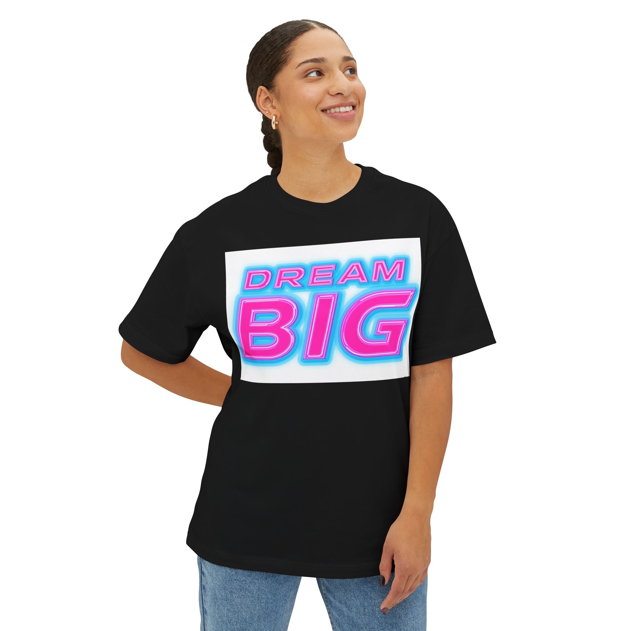 Neon Typography Boxy Tee - Dream Big Pink Cyan Retro Style
