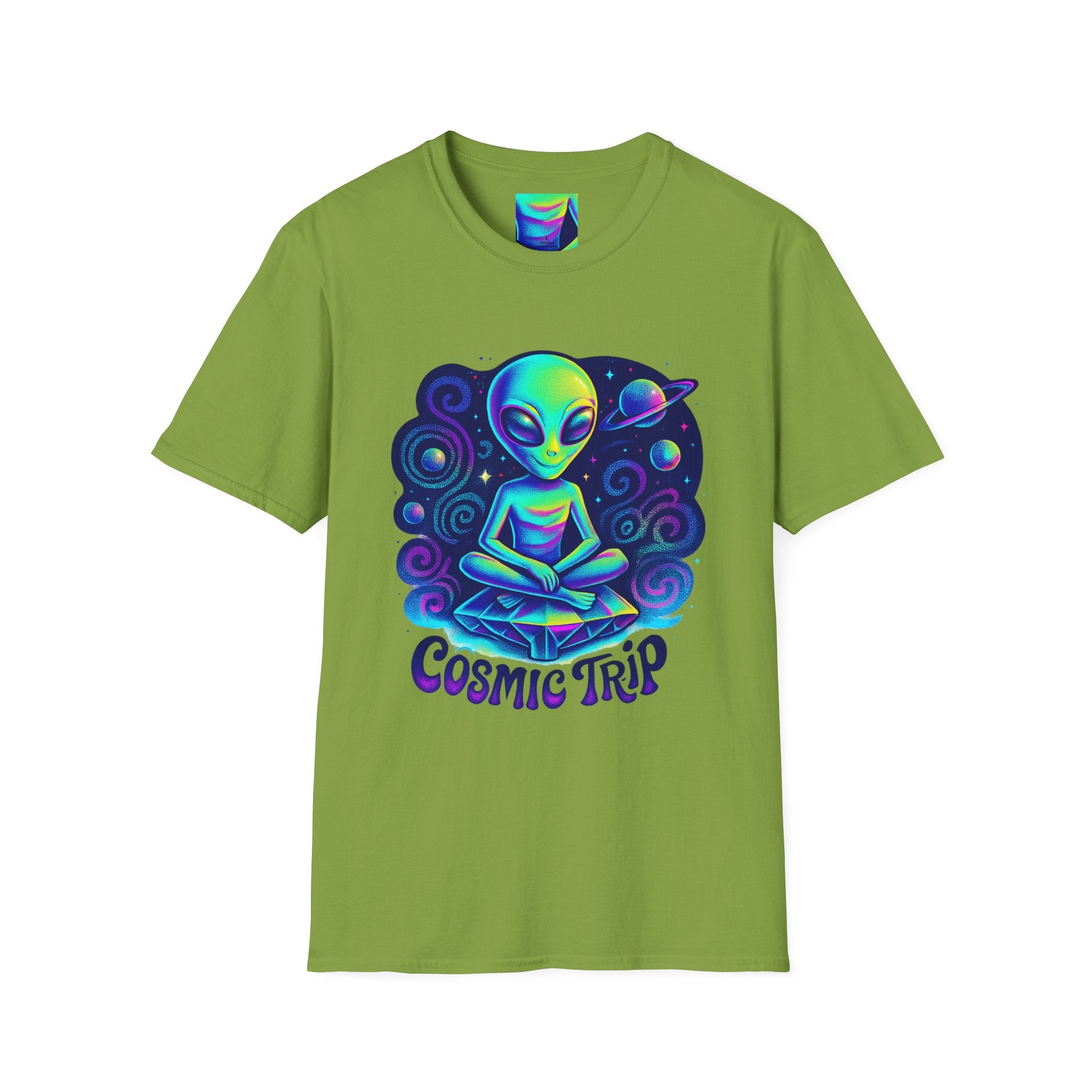 Cosmic Trip Unisex Softstyle T-Shirt - Alien Graphic Tee for Space Lovers, Gift for Birthdays, Festivals, and Casual Wear
