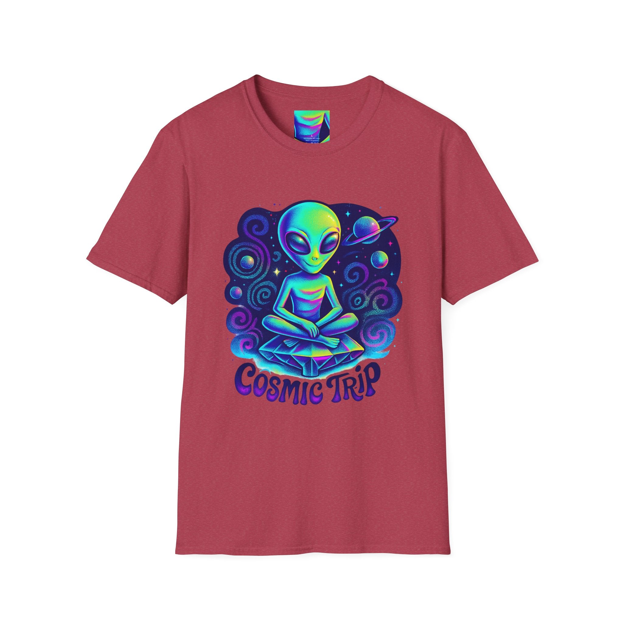 Cosmic Trip Unisex Softstyle T-Shirt - Alien Graphic Tee for Space Lovers, Gift for Birthdays, Festivals, and Casual Wear