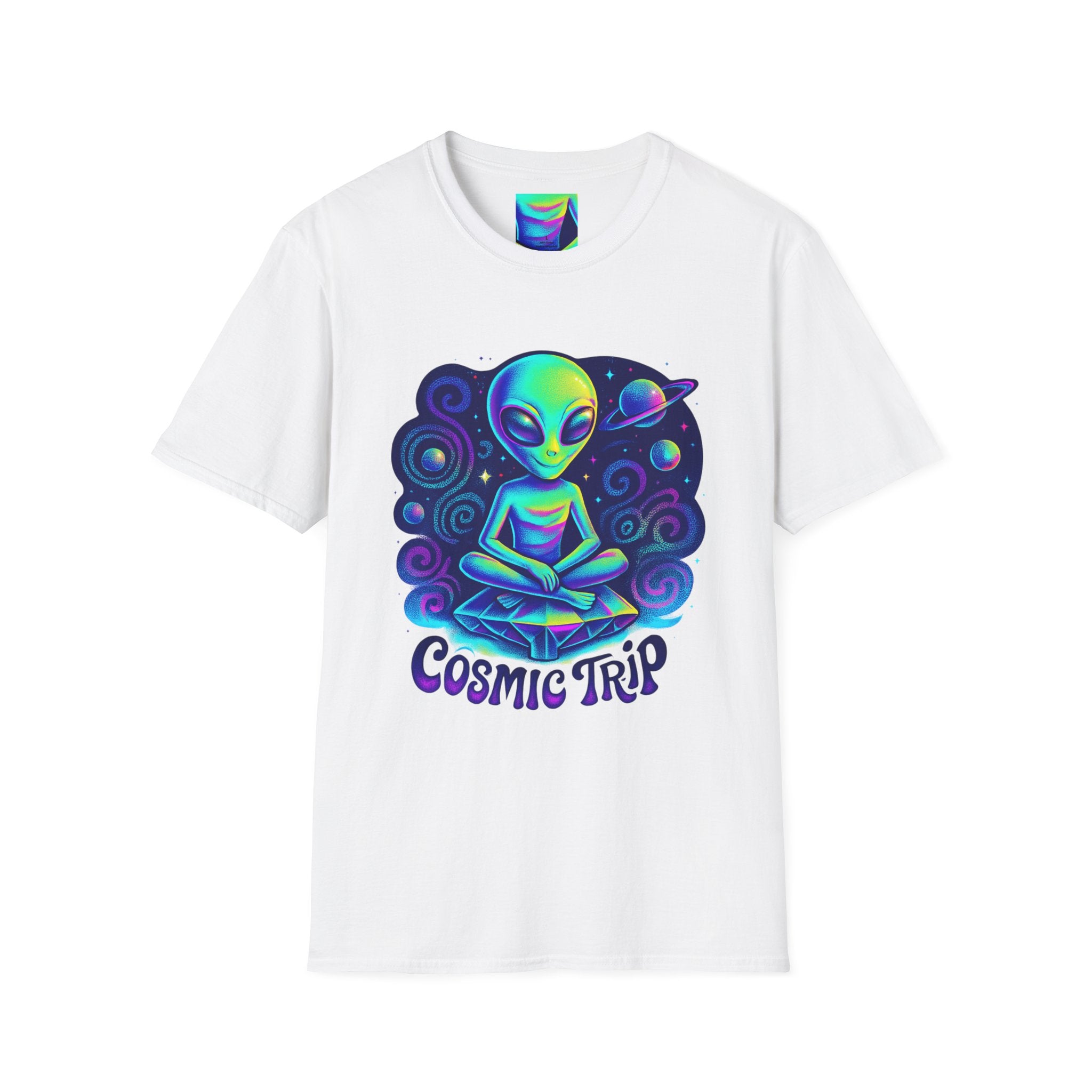 Cosmic Trip Unisex Softstyle T-Shirt - Alien Graphic Tee for Space Lovers, Gift for Birthdays, Festivals, and Casual Wear