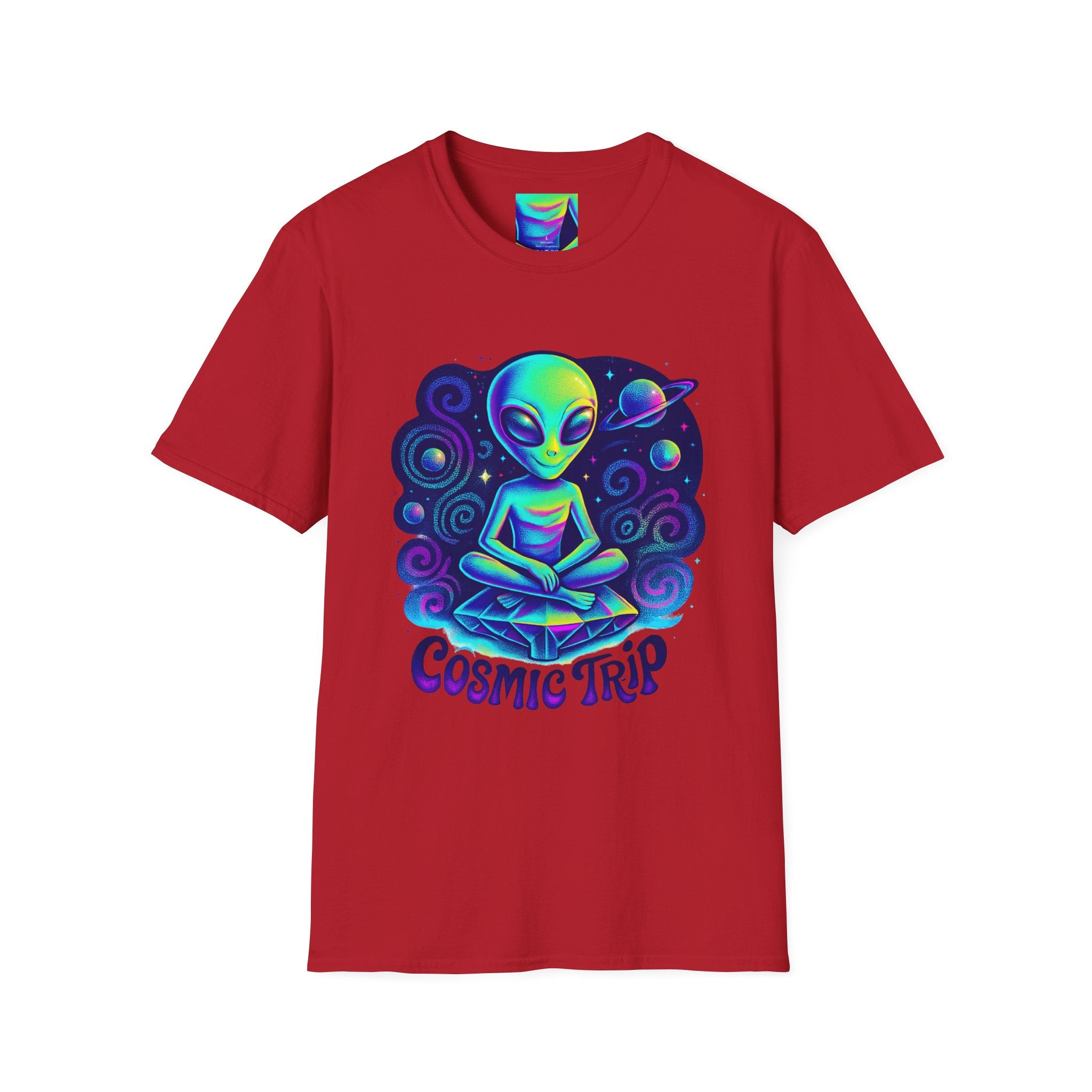 Cosmic Trip Unisex Softstyle T-Shirt - Alien Graphic Tee for Space Lovers, Gift for Birthdays, Festivals, and Casual Wear