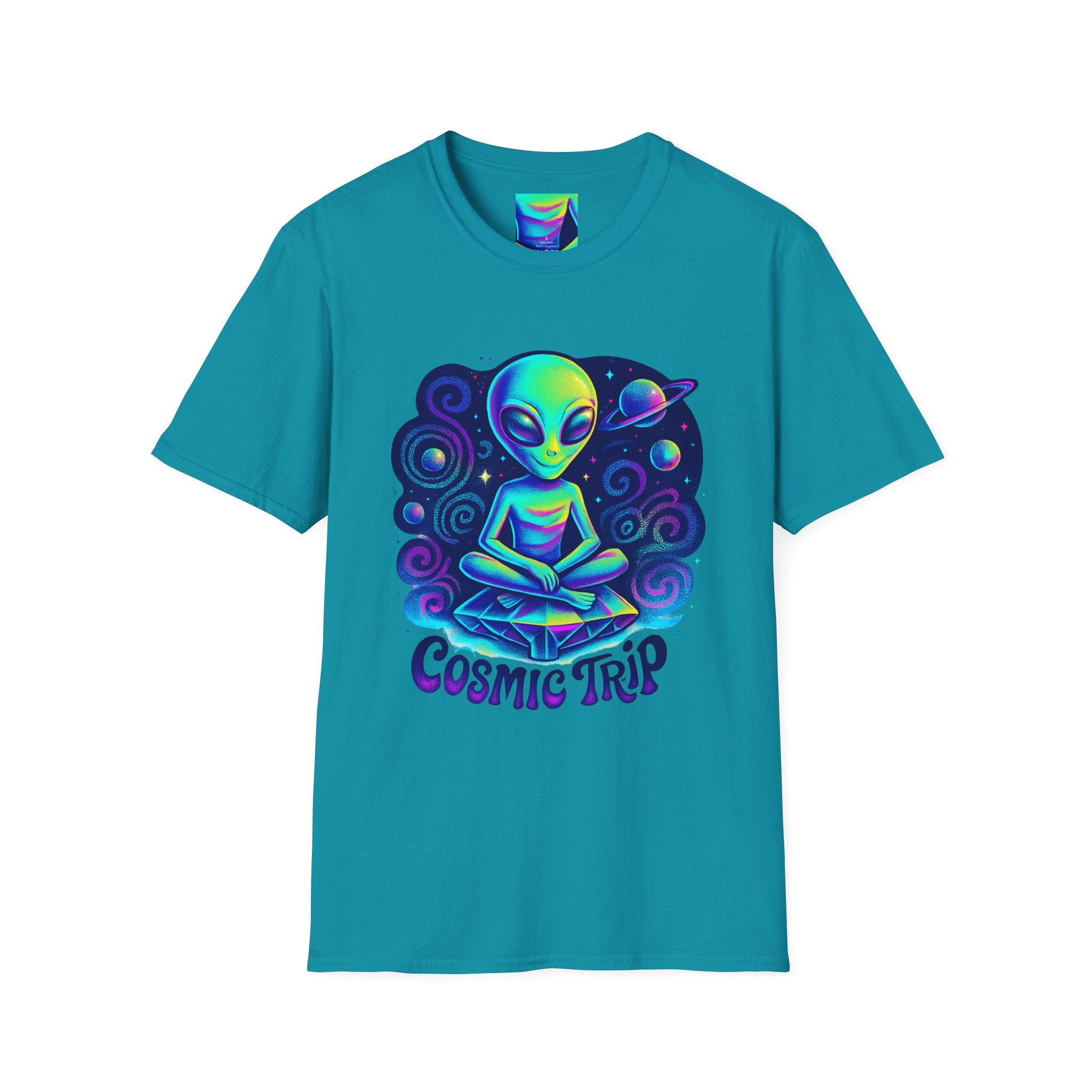 Cosmic Trip Unisex Softstyle T-Shirt - Alien Graphic Tee for Space Lovers, Gift for Birthdays, Festivals, and Casual Wear