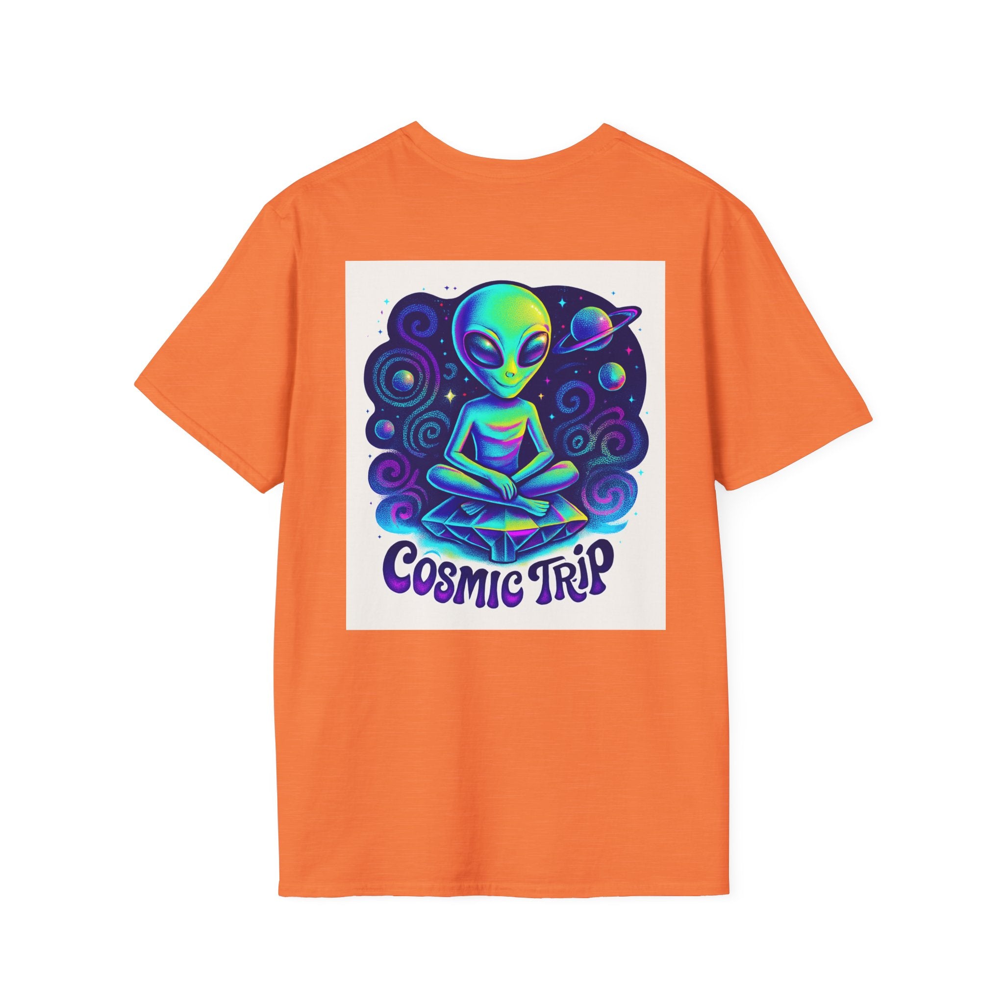 Cosmic Trip Unisex Softstyle T-Shirt - Alien Graphic Tee for Space Lovers, Gift for Birthdays, Festivals, and Casual Wear
