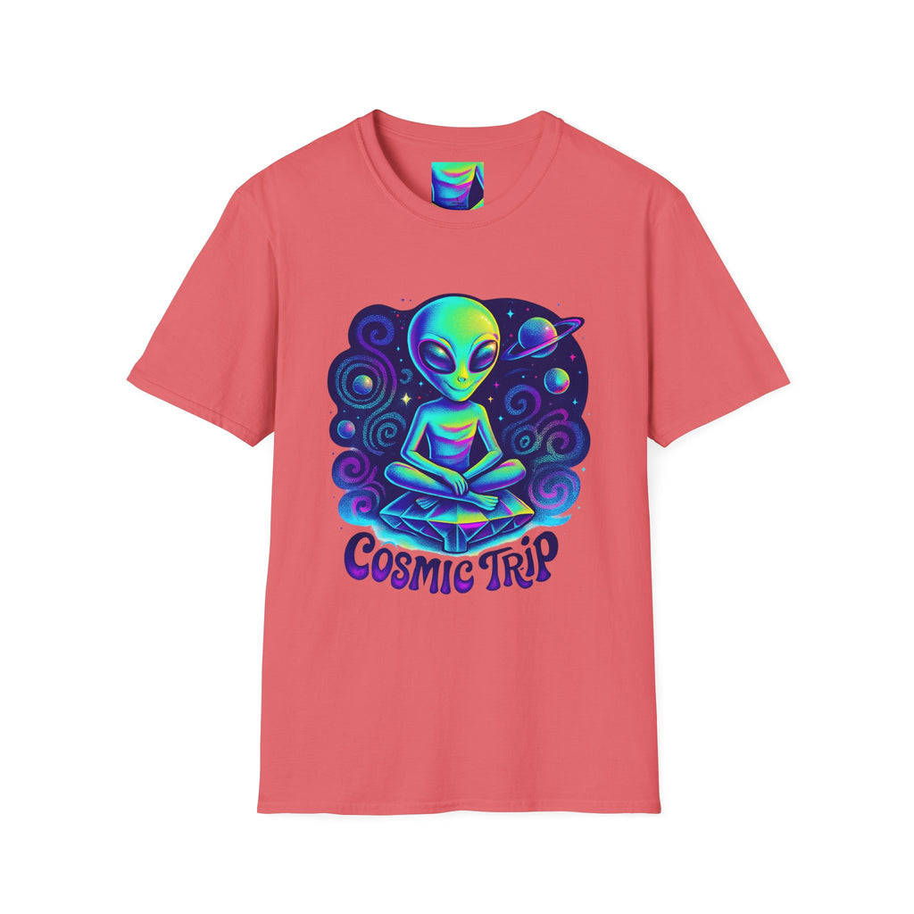 Cosmic Trip Unisex Softstyle T-Shirt - Alien Graphic Tee for Space Lovers, Gift for Birthdays, Festivals, and Casual Wear