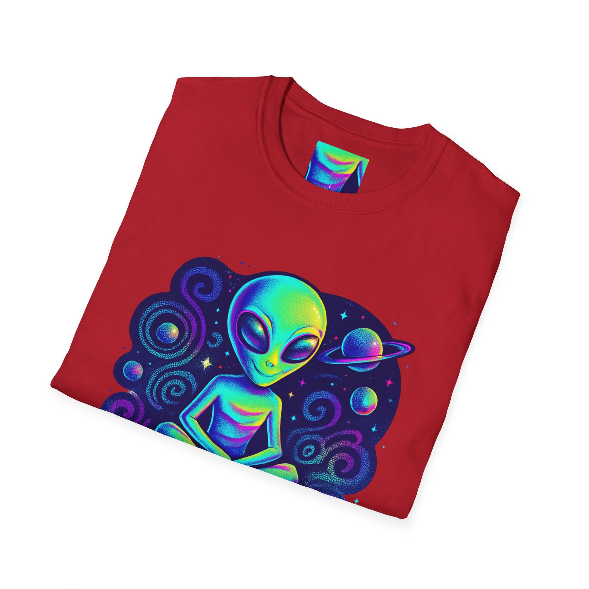 Cosmic Trip Unisex Softstyle T-Shirt - Alien Graphic Tee for Space Lovers, Gift for Birthdays, Festivals, and Casual Wear