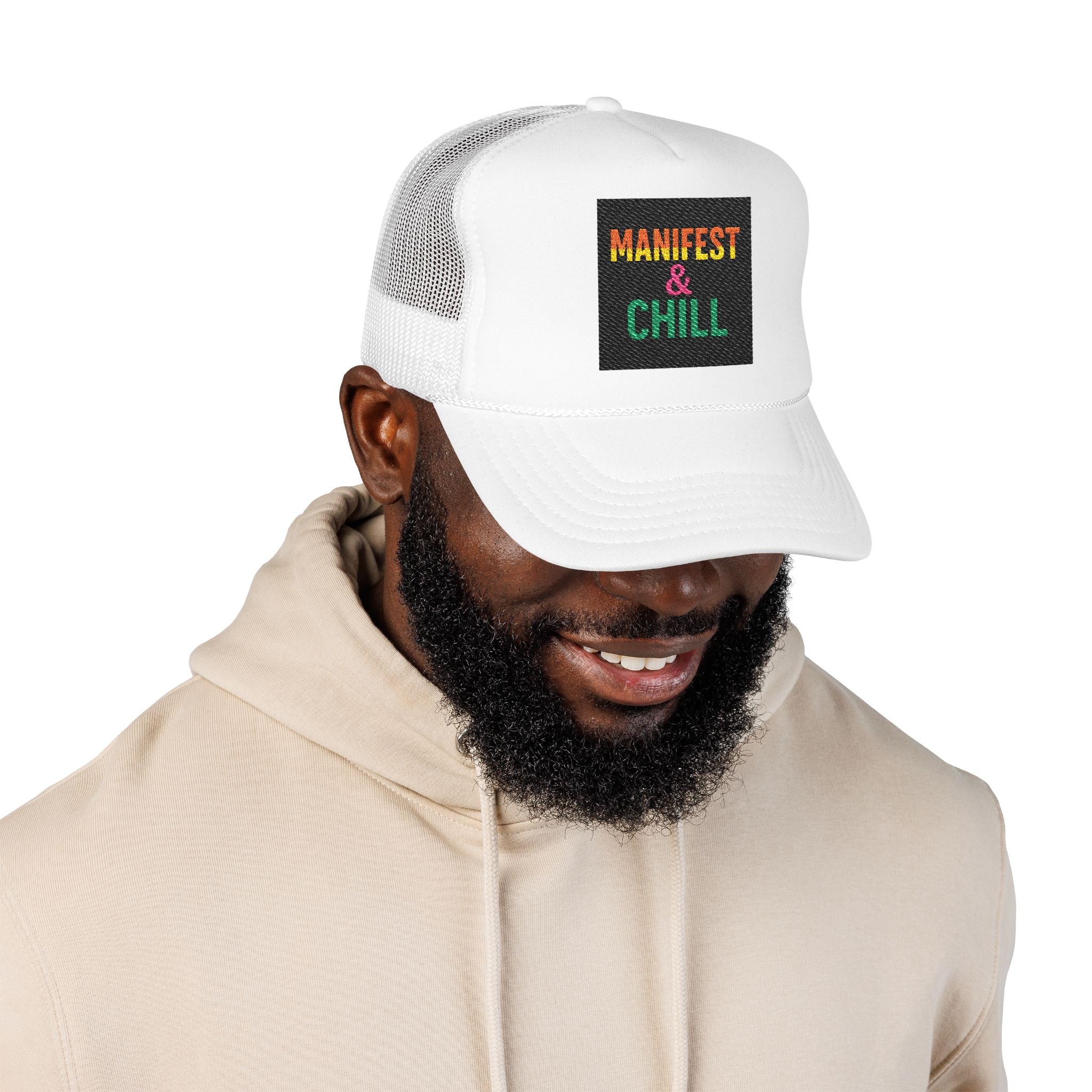 Embroidered Trucker Hat - Manifest and Chill Design