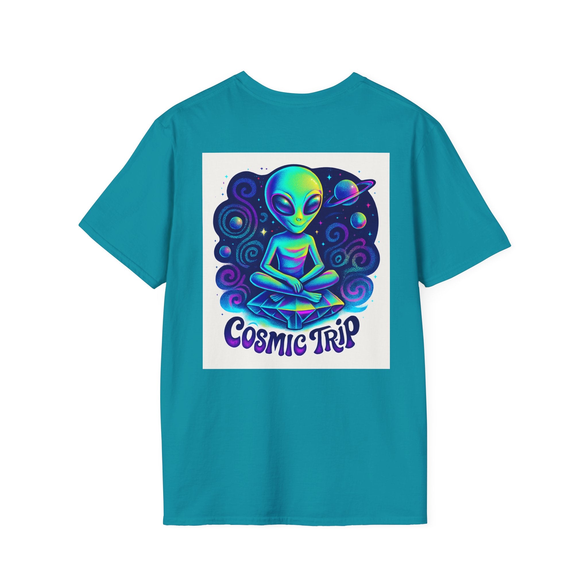 Cosmic Trip Unisex Softstyle T-Shirt - Alien Graphic Tee for Space Lovers, Gift for Birthdays, Festivals, and Casual Wear