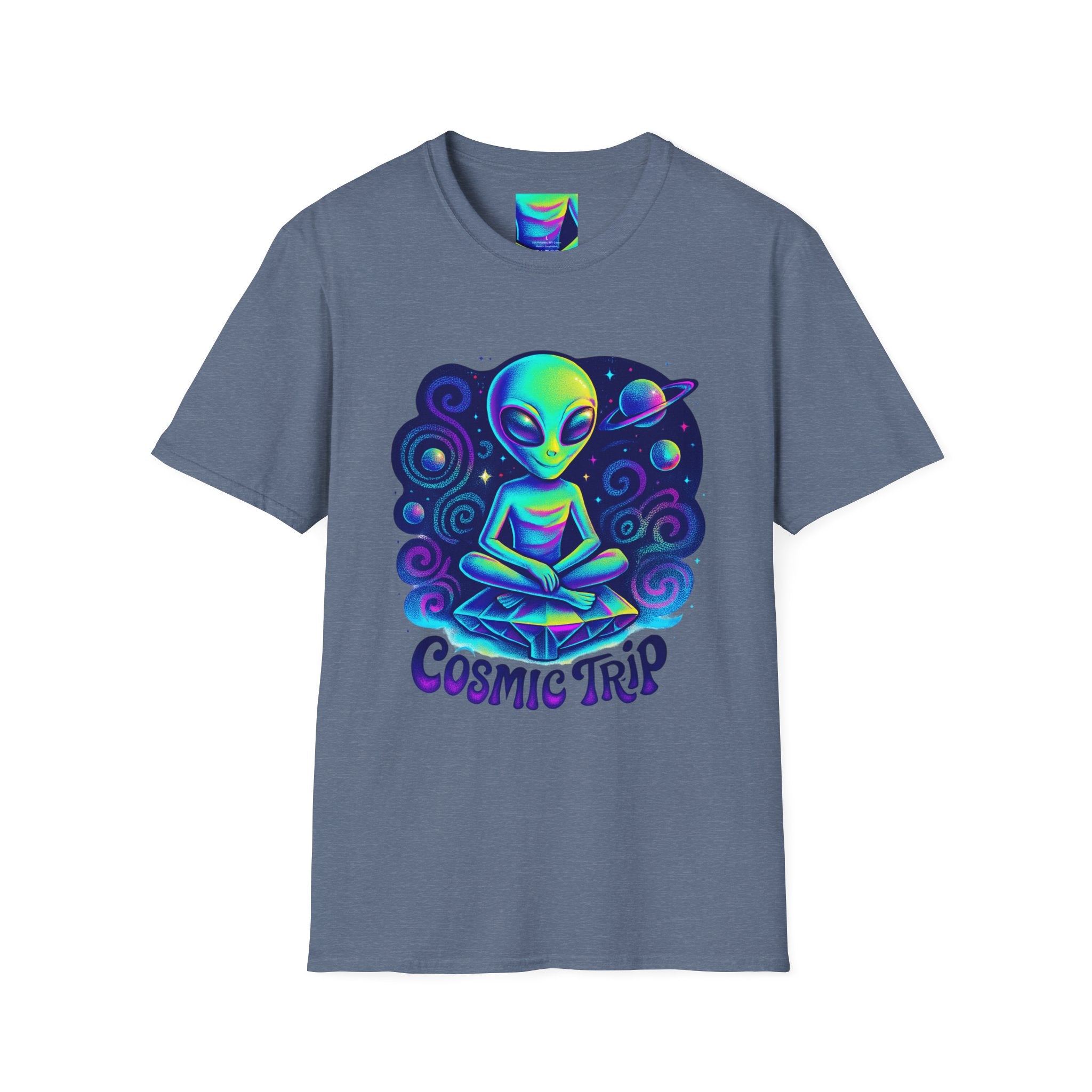 Cosmic Trip Unisex Softstyle T-Shirt - Alien Graphic Tee for Space Lovers, Gift for Birthdays, Festivals, and Casual Wear