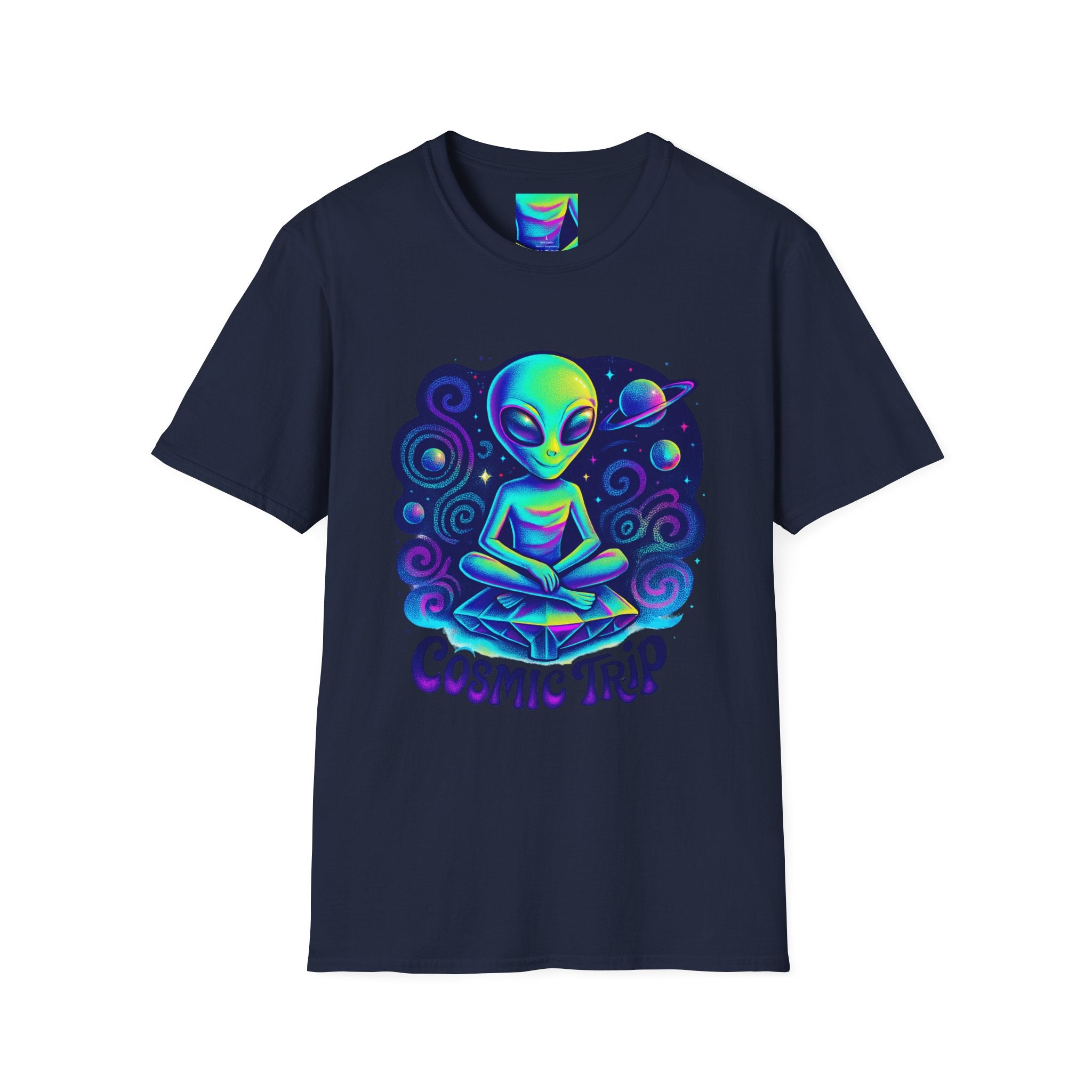 Cosmic Trip Unisex Softstyle T-Shirt - Alien Graphic Tee for Space Lovers, Gift for Birthdays, Festivals, and Casual Wear