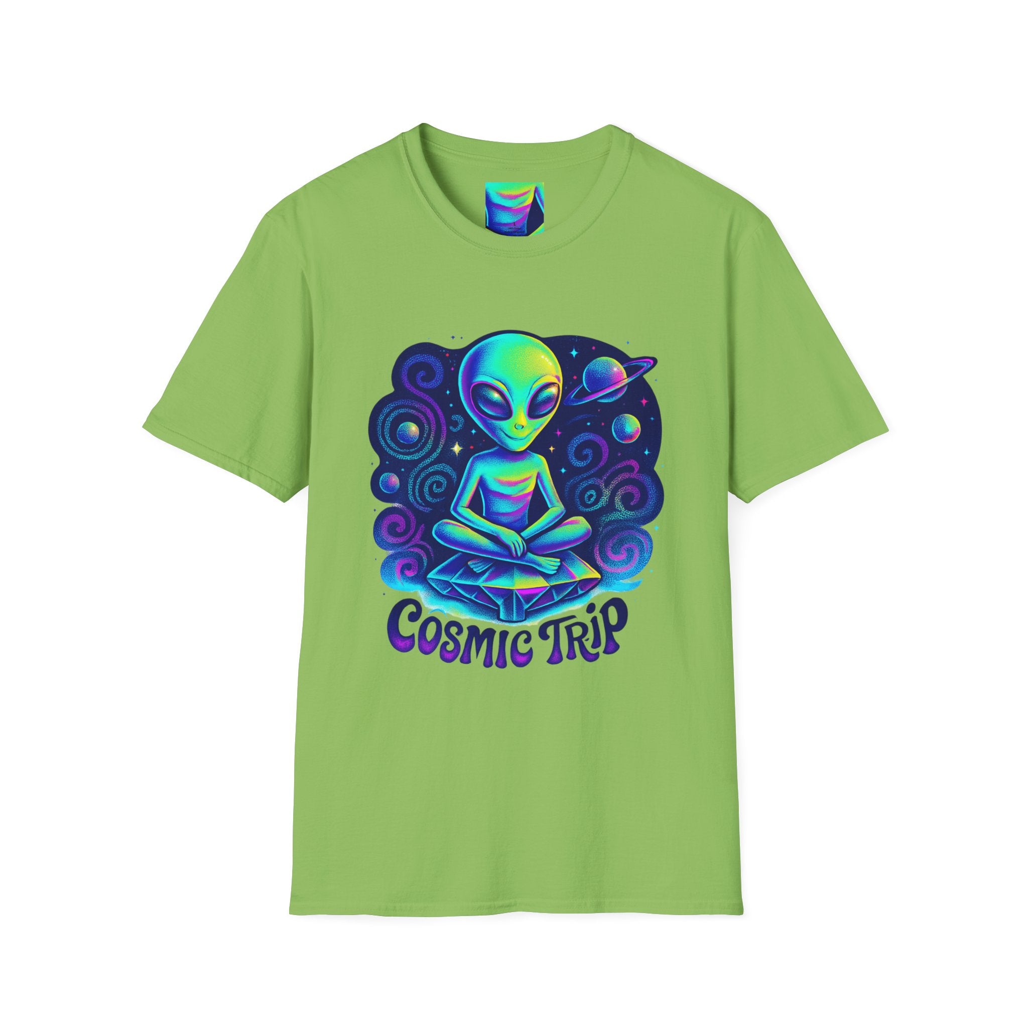 Cosmic Trip Unisex Softstyle T-Shirt - Alien Graphic Tee for Space Lovers, Gift for Birthdays, Festivals, and Casual Wear