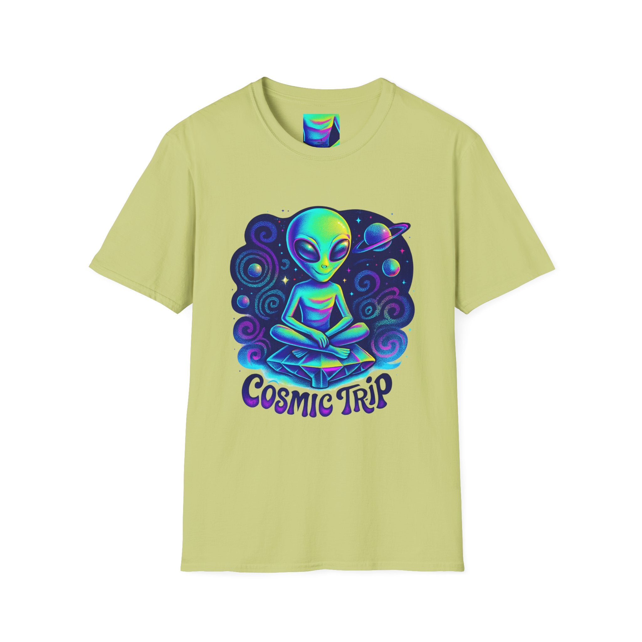 Cosmic Trip Unisex Softstyle T-Shirt - Alien Graphic Tee for Space Lovers, Gift for Birthdays, Festivals, and Casual Wear