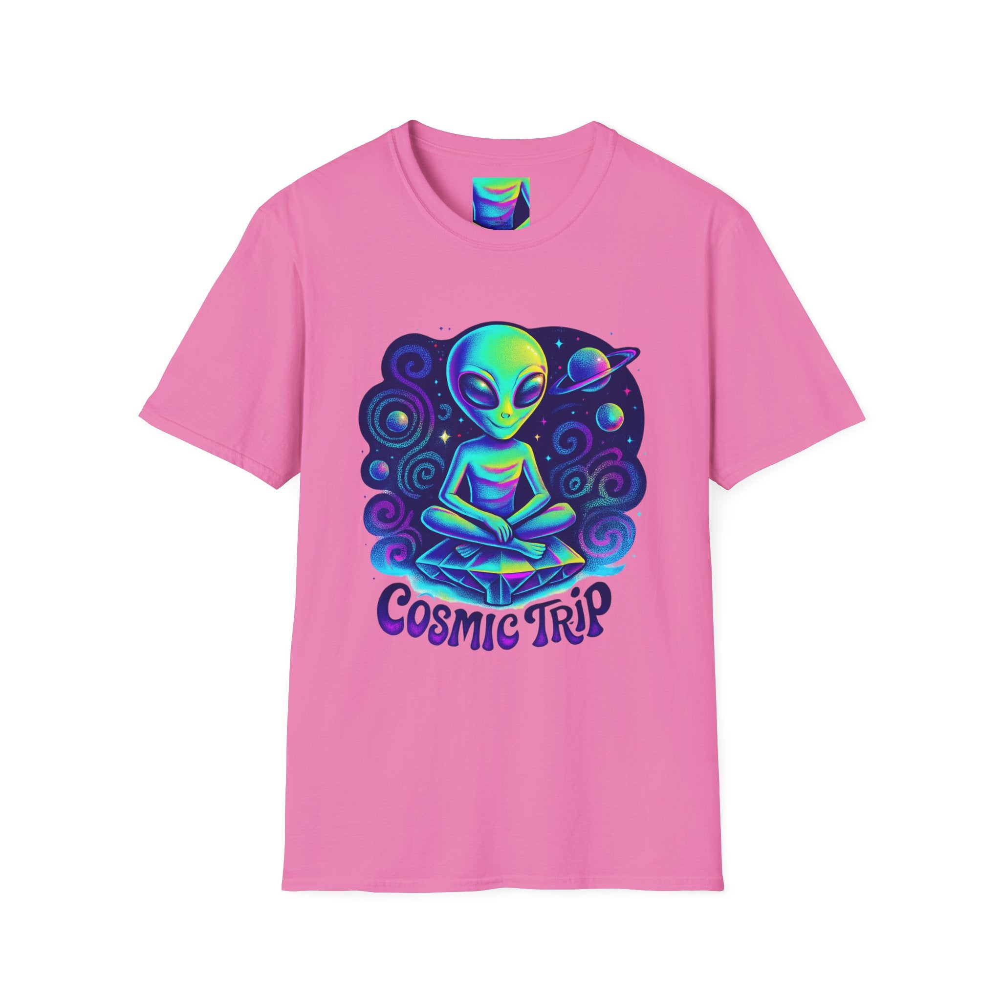 Cosmic Trip Unisex Softstyle T-Shirt - Alien Graphic Tee for Space Lovers, Gift for Birthdays, Festivals, and Casual Wear
