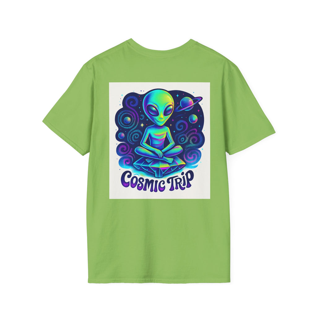 Cosmic Trip Unisex Softstyle T-Shirt - Alien Graphic Tee for Space Lovers, Gift for Birthdays, Festivals, and Casual Wear