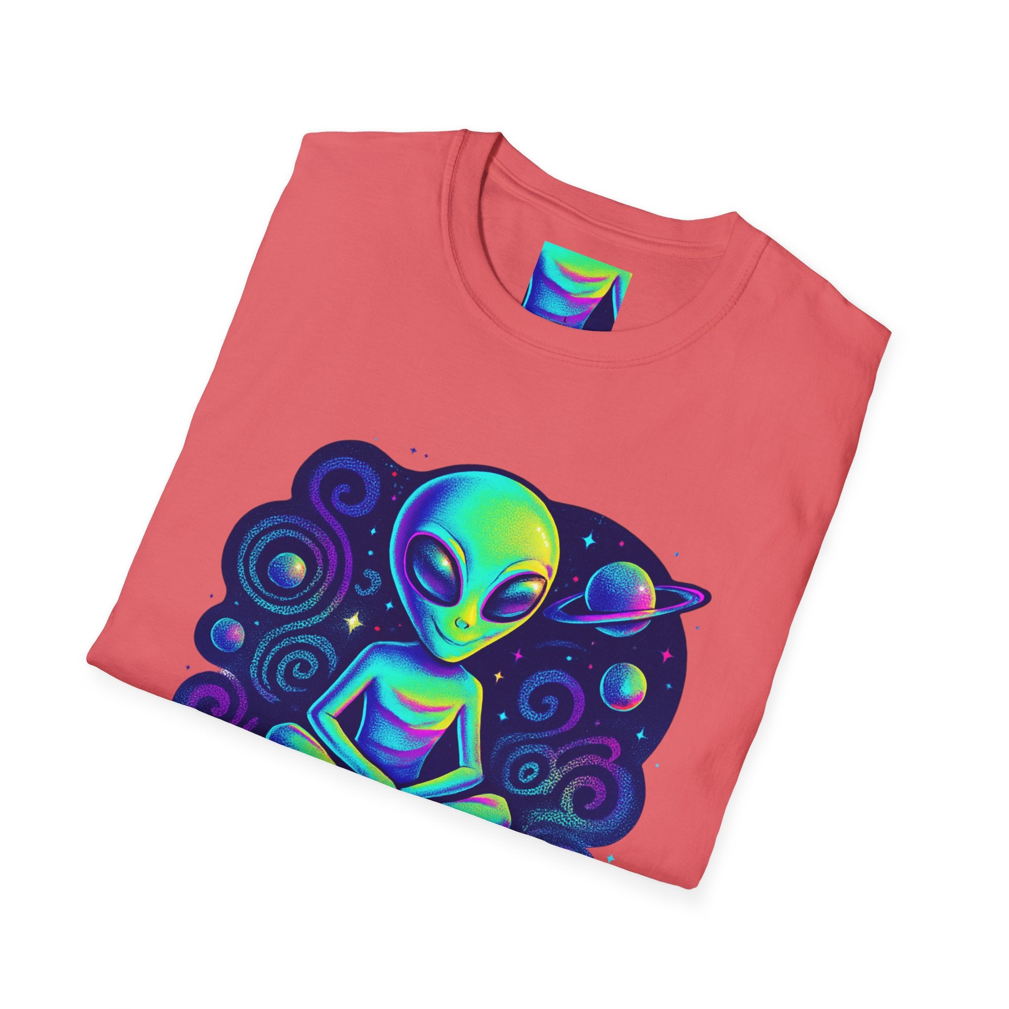 Cosmic Trip Unisex Softstyle T-Shirt - Alien Graphic Tee for Space Lovers, Gift for Birthdays, Festivals, and Casual Wear