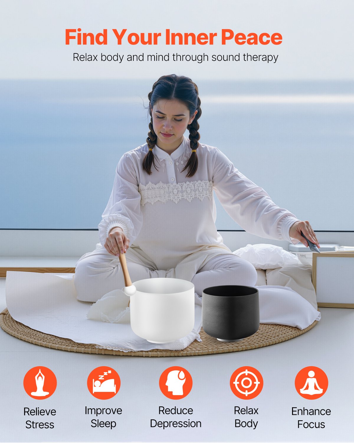 Crystal Singing Bowls Set (8” & 10”) – Frosted Quartz Sound Healing Bowls for Meditation & Yoga