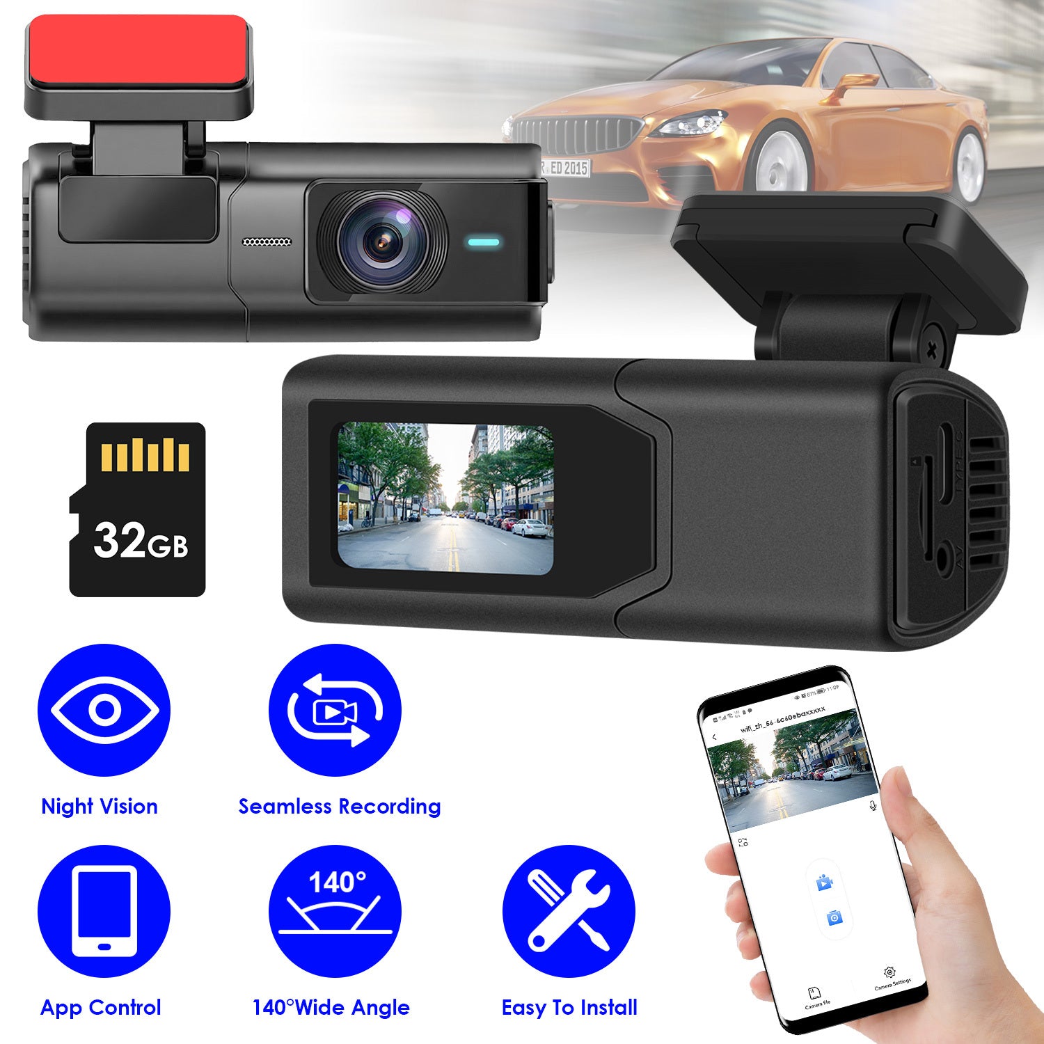 1Pc 2K HD Front Dash Cam For Car With IPS Screen Night Vision Loop Recording Included 32G Storage Card 140 Degree Wide Angle WiFi App Control Front Dashcam